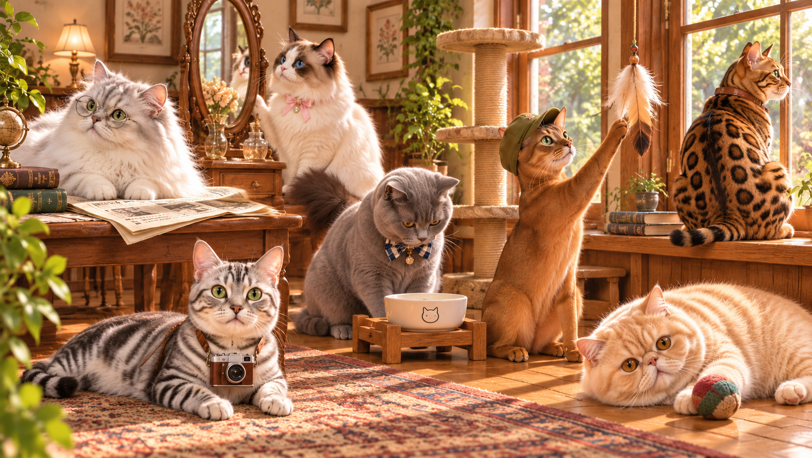 猫の集会所に集まる7匹の猫たち